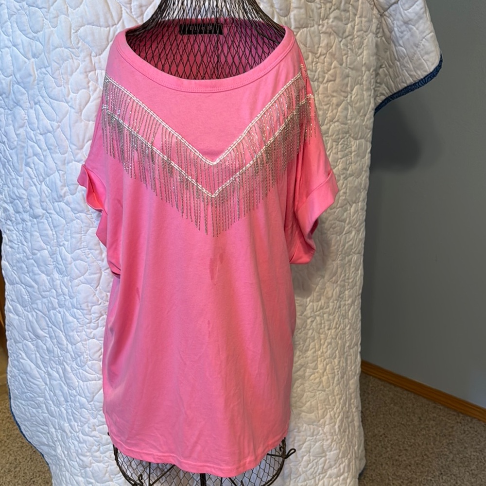 Vibrant Pink Boxy T-Shirt with Chevron Fringe